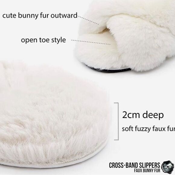 FUZZY FAUX BUNNY FUR CROSS BAND SLIPPERS IN GREY NON-SLIP SIZE MEDIUM 5.5 - 6.5 - Picture 9 of 14